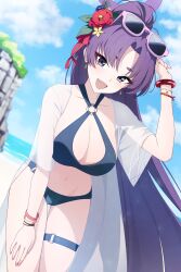 1girl absurdres beach bikini black_bikini blue_archive eyeshadow eyewear_on_head fang halo highres makeup o-ring o-ring_bikini ocean official_alternate_costume official_alternate_hairstyle pink-framed_eyewear plumbum purple-framed_eyewear purple_halo red_eyeshadow skin_fang solo swimsuit yukari_(blue_archive) yukari_(swimsuit)_(blue_archive)