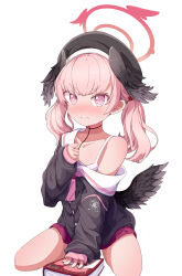 Rule 34 | 1girl, 5s0n9, absurdres, beret, black wings, blue archive, blush, breasts, embarrassed, feathered wings, halo, hat, head wings, highres, koharu (blue archive), long hair, long sleeves, looking at viewer, low wings, magazine (object), nose blush, pink eyes, pink hair, shirt, simple background, skirt, small breasts, solo, twintails, white background, wings