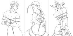 3girls angry antenna_hair arms_behind_back ass beret bound braid breasts bun_cover cammy_white capcom chun-li completely_nude dimples_of_venus double_bun drill_hair earrings efd expressionless facial_scar fingernails furrowed_brow hair_bun hair_horns hair_ornament han_juri hat highres jewelry lineart long_hair looking_at_viewer looking_back monochrome multiple_girls nude rope scar scar_on_cheek scar_on_face sexually_suggestive shibari short_hair shoulder_blades simple_background single_earring solo street_fighter twin_braids twin_drills very_long_hair white_background