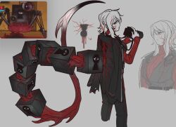 1girl black_coat black_pants camera coat coat_on_shoulders eyeball faust_(project_moon) flesh gaze_(e.g.o) hands_up highres holding holding_camera keyhole limbus_company lobotomy_corporation long_sleeves looking_at_viewer multiple_views ohzv pants project_moon red_sweater ribbed_sweater schadenfreude_(project_moon) short_hair simple_background sweater tail white_background white_hair