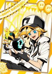Rule 34 | 1boy, 1other, :d, absurdres, aotu world, balloon, banner, baseball cap, black gloves, black hat, black shorts, blonde hair, blue eyes, border, box, character name, chinese commentary, dated, drawstring, english text, fingerless gloves, flower, gift, gift box, gloves, happy birthday, hat, highres, holding, hood, hood down, hoodie, king (aotu world), male focus, non-humanoid robot, official art, open mouth, pants, pointy ears, qi chuang she, robot, robots (aotu world), short hair, short sleeves, shorts, sitting, smile, spiked hair, streamers, teeth, white hoodie, yellow background, yellow flower