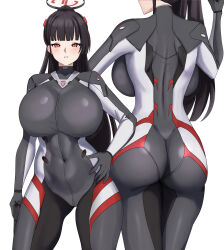 1girl ass backboob black_bodysuit black_hair black_halo blue_archive bodysuit breasts covered_navel curvy cyka facing_away halo hand_on_own_hip high_ponytail highres huge_breasts long_hair multiple_views parted_lips ponytail red_eyes rio_(blue_archive) rio_(bodysuit)_(blue_archive) simple_background skin_tight very_long_hair white_background