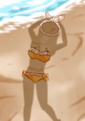 1girl absurdres arms_up beach bikini bow bow_bikini completely_nude day dressed_shadow_(meme) female_pov frilled_bikini frills hair_ribbon hairband highres implied_nudity kunikida_hanamaru love_live! love_live!_sunshine!! nude ocean official_alternate_costume orange_bikini orange_bow outdoors pov ribbon sand shadow signature solo standing swimsuit unworn_bikini unworn_clothes water white_bikini white_bow white_hairband white_ribbon yellow_bikini yellow_bow