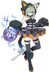 1girl animal_ears animal_hands artist_request bags_under_eyes bandaged_tail bare_shoulders basket black_boots black_gloves black_skirt black_thighhighs blue_fire blush boots breasts buttons candy cat_ears cat_girl cat_tail collarbone crescent detached_hood fake_animal_ears falsche_(world_flipper) female_focus fire food frilled_skirt frills full_body garter_straps gloves glowing green_hair hair_over_one_eye halloween halloween_bucket halterneck high_heels highres holding holding_basket hood hood_up knee_boots leg_up light_blush lollipop looking_at_viewer medium_breasts miniskirt non-web_source official_art open_mouth paw_gloves purple_eyes short_hair sidelocks skindentation skirt solo sparkle standing standing_on_one_leg striped_clothes striped_thighhighs tail thigh_strap thighhighs transparent_background tutu world_flipper