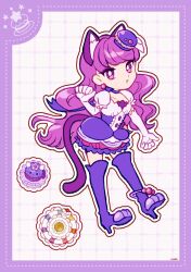 1girl :o animal_ear_fluff animal_ears animal_shoes anklet blunt_bangs boots border bow bow_choker bright_pupils bubble_skirt buttons cat_ears cat_girl cat_tail center_frills choker clenched_hands collarbone compact_(cosmetics) cosmetics cure_macaron deformed dot_nose dotted_line earrings elbow_gloves eyelashes food food-themed_clothes food-themed_hair_ornament frilled_skirt frilled_sleeves frills full_body gloves grid_background hair_ornament hair_ribbon high-waist_skirt high_heel_boots high_heels highres jewelry kirakira_precure_a_la_mode kotozume_yukari long_hair macaron magical_girl miniskirt open_mouth outline paw_pose precure puffy_short_sleeves puffy_sleeves purple_boots purple_border purple_bow purple_choker purple_eyes purple_hair purple_skirt ribbon shirt short_sleeves signature skirt solo sphere_earrings square_neckline standing tail thigh_boots uwded_207 very_long_hair wavy_hair white_background white_gloves white_outline white_pupils white_ribbon white_shirt