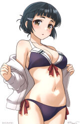 Rule 34 | 1girl, adapted costume, bikini, black hair, braid, braided bun, breasts, brown eyes, front-tie bikini top, front-tie top, hair bun, hair ornament, hairclip, jacket, kantai collection, large breasts, long sleeves, looking at viewer, myoukou (kancolle), navel, off shoulder, open clothes, open jacket, purple bikini, ray.s, side-tie bikini bottom, single hair bun, solo, swimsuit, white jacket