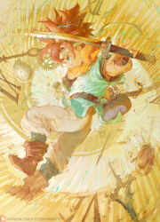 Rule 34 | 1boy, bag, belt, black belt, blue eyes, blue tunic, boots, brown boots, chrono trigger, crono (chrono trigger), cutesexyrobutts, dial, distortion, electricity, falling, from side, full body, gears, headband, highres, holding, holding sword, holding weapon, katana, leather footwear, male focus, orange scarf, pants, pocket watch, red hair, scarf, solo, spiked hair, sword, time travel, tunic, watch, weapon, white headband, white pants
