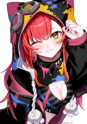 Rule 34 | 1girl, :3, belt collar, black nails, blush, bra, breasts, cleavage, clenched hand, collar, goggles, goggles on headwear, highres, hood, hood up, jacket, looking at viewer, midriff peek, nekota tsuna, nekota tsuna (1st costume), one eye closed, open clothes, open jacket, orange eyes, paint splatter, pine neko, red hair, simple background, solo, striped bra, striped clothes, swept bangs, underwear, upper body, virtual youtuber, vspo!, white background