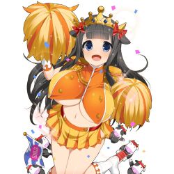 1girl black_hair blue_eyes boots breasts confetti cow cow_girl cow_horns epaulettes gold_tiara holding horns kusaka_souji large_breasts long_hair miru_holstein orange_shirt orange_skirt pom_pom_(cheerleading) shirt skirt uchi_no_hime-sama_ga_ichiban_kawaii underboob white_boots