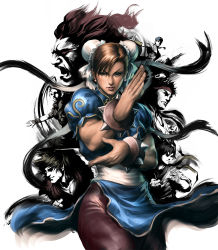 Rule 34 | akuma (street fighter), baseball cap, bracelet, capcom, china dress, chinese clothes, chun-li, double bun, dougi, dress, earrings, fighting stance, hair bun, hat, headband, highres, ibuki (street fighter), jewelry, ken masters, makoto, official art, pantyhose, ryuu (street fighter), scarf, simple background, spiked bracelet, spikes, stanley lau, street fighter, street fighter iii, street fighter iii: 3rd strike, yun lee