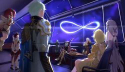 35684187031 3boys 5boys absurdres aglaea_(honkai:_star_rail) anaxa_(honkai:_star_rail) aqua_hair back castorice_(honkai:_star_rail) cat_girl cipher_(honkai:_star_rail) dress grey_hair highres honkai:_star_rail honkai_(series) hyacine_(honkai:_star_rail) multiple_boys mydei_(honkai:_star_rail) orange_hair phainon_(honkai:_star_rail) pink_hair purple_hair red_dress red_tattoo sitting standing stretching