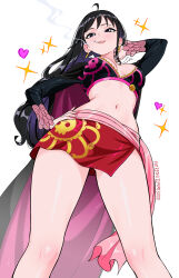 Rule 34 | 1girl, absurdres, ahoge, black eyes, black hair, breasts, cigarette, cleavage, commentary, earrings, elpipe 3000, from below, hand on own hip, heart, highres, jewelry, looking at viewer, medium breasts, midriff, navel, one piece, patreon username, shakuyaku (one piece), simple background, smoking, solo, sparkle, standing, thighs, white background