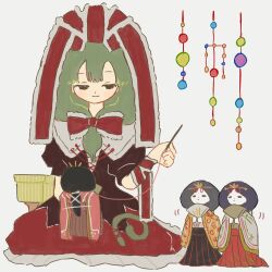4girls absurdres arm_ribbon doll dress frilled_ribbon frills front_ponytail full_body green_hair hair_ribbon highres hinamatsuri holding_sewing_needle kagiyama_hina long_hair multiple_girls neruzou red_dress red_ribbon ribbon sewing short_sleeves sitting smile straight-on touhou white_background