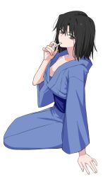 Rule 34 | 1girl, black eyes, black hair, blue kimono, breasts, egomeshi, highres, japanese clothes, kara no kyoukai, kimono, long sleeves, looking at viewer, medium breasts, mouth hold, open clothes, open kimono, ryougi shiki, sash, short hair, simple background, sitting, solo, spoon, utensil in mouth, white background, wide sleeves