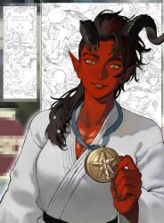 1girl absurdres alternate_costume asymmetrical_bangs asymmetrical_hair asymmetrical_horns baldur&#039;s_gate belt black_belt black_hair black_horns black_nails breasts broken_horn cleavage colored_skin commentary curled_horns dougi dungeons_&amp;_dragons dungeons_&amp;_dragons english_commentary hair_over_shoulder highres holding_medal horns judo karlach lapefamm long_hair looking_at_viewer martial_arts_belt multicolored_hair pointy_ears ponytail red_hair red_skin sidecut slit_pupils smile solo streaked_hair tiefling undercut upper_body yellow_eyes