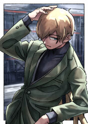1boy absurdres blonde_hair blue_eyes border char_aznable closed_mouth commentary_request formal_clothes green_suit gundam gundam_gquuuuuux hair_over_one_eye highres male_focus outside_border shirouzu_(gundam) solo standing suit uzumi1201 white_border