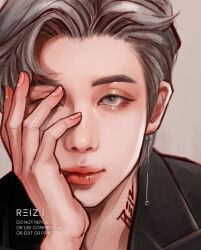 1boy artist_name bangtan_boys black_jacket close-up closed_mouth earrings eyeshadow grey_hair hashtag-only_commentary head_rest highres jacket jewelry k-pop looking_ahead makeup male_focus pink_lips real_life realistic reiz.i rm_(bts) short_hair solo