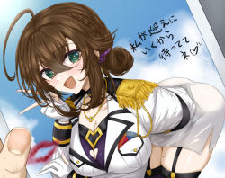 1boy 1girl ahoge belt black_belt breasts brown_hair chamumi_(mochiumee) cleavage epaulettes female_admiral_(kancolle) gloves green_eyes groin jacket kantai_collection katsuragi_misato large_breasts looking_at_viewer medium_hair military_jacket military_uniform mole mole_on_breast neon_genesis_evangelion open_mouth original parody partially_fingerless_gloves skirt smile solo_focus tongue v white_skirt