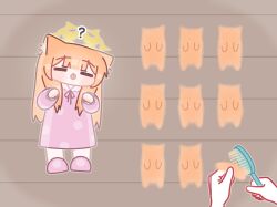 Rule 34 | 1girl, ?, animal ear fluff, animal ears, blue archive, blunt bangs, blush, chibi, hair brush, halo, highres, holding, holding hair brush, horuhara, long hair, long sleeves, lying, mari (blue archive), neck ribbon, no nose, on back, on floor, orange hair, pajamas, pink pajamas, pink slippers, polka dot, polka dot pajamas, puffy long sleeves, puffy sleeves, ribbon, slippers, solo focus, tongue, tongue out, wooden floor, yellow halo