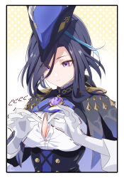 1girl absurdres adjusting_clothes black_corset black_hair blue_cape blue_hat border breasts buttoning cape clorinde_(genshin_impact) closed_mouth commentary_request corset epaulettes genshin_impact gloves hat hat_feather highres inconvenient_breasts kabu_usagi large_breasts long_hair purple_eyes solo tricorne upper_body vision_(genshin_impact) white_border white_gloves
