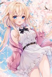 1girl :d bare_shoulders belt black_belt black_bow black_bowtie blonde_hair blue_eyes blush bow bowtie breasts cowboy_shot dress flower hair_flower hair_ornament hand_up highres large_breasts long_hair looking_at_viewer minakami_rinka off-shoulder_shirt off-shoulder_sweater off_shoulder open_mouth original outdoors pink_shirt pink_sweater shirt smile solo sweater tree under_tree very_long_hair white_dress