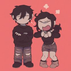 Rule 34 | 1boy, 1girl, andrew graves, ashley graves, black hair, black shirt, black shoes, breasts, brother and sister, cleavage, closed eyes, crossed arms, deformed, grey pants, grey shorts, hair between eyes, highres, mamaito, medium hair, pants, ponytail, red background, shirt, shoes, short hair, short ponytail, shorts, shouting, siblings, standing, the coffin of andy and leyley, torn clothes, torn pants