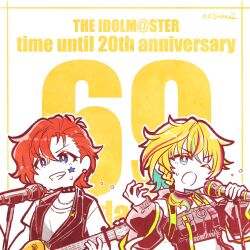 2girls aisle_(idolmaster) blonde_hair colored_inner_hair guitar highres idolmaster idolmaster_million_live! idolmaster_va-liv instrument julia_(idolmaster) letora_(idolmaster) microphone multicolored_hair multiple_girls music red_hair roots_(hair) sabao_(kinotani13) simple_background singing