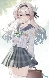 1girl arms_behind_back bag black_hairband bow bowtie buttons commentary cowboy_shot double-breasted firefly_(honkai:_star_rail) firefly_(spring_missive)_(honkai:_star_rail) gradient_hair green_bow green_bowtie green_hair grey_hair grey_skirt hairband highres holding holding_bag honkai:_star_rail honkai_(series) looking_at_viewer multicolored_hair official_alternate_costume plaid_bow plaid_bowtie plaid_clothes plaid_skirt pleated_skirt purple_eyes school_bag shirt skirt smile solo thighhighs toramaru_(toramal9831) two-tone_hair white_shirt white_thighhighs