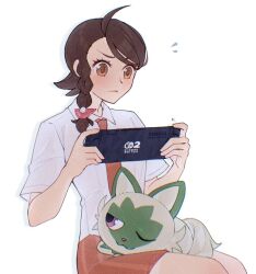 1girl blush bow braid brown_eyes brown_hair closed_mouth collared_shirt hair_bow handheld_game_console holding holding_handheld_game_console joy-con juliana_(pokemon) naranja_academy_school_uniform necktie nintendo nintendo_switch nintendo_switch_2 nintendo_switch_logo one_eye_closed orange_necktie orange_shorts pokemon pokemon_(creature) pokemon_sv school_uniform shirt short_sleeves shorts sprigatito symoca white_shirt