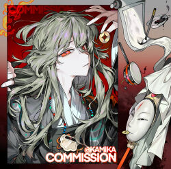 1girl artist_name bead_necklace beads black_sleeves black_theme chinese_clothes chinese_goose coin commission doodle_inset empty_eyes fire from_side glowing glowing_eyes green_hair grey_hair hair_between_eyes hanfu head_tilt holding holding_coin ink japanese_clothes jewelry kamika long_hair long_sleeves looking_at_viewer mask messy_hair multiple_views necklace orange_eyes original paintbrush profile rattle_drum reaching red_background robe scroll sidelocks signature sketch slit_pupils smirk solo_focus tassel traditional_media tsurime upper_body watermark wavy_hair white_sleeves wide_sleeves