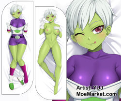 1girl breasts cheelai colored_skin dakimakura_(medium) dragon_ball dragon_ball_super gloves green_skin highres looking_at_viewer medium_breasts nipples purple_eyes pussy short_hair tongue tongue_out white_gloves white_hair yuj_(moemarket)