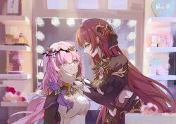 Rule 34 | 2girls, absurdres, black dress, black shrug, blue eyes, breasts, brown hair, chinese commentary, cleavage, closed mouth, commentary request, crown of thorns, dress, earrings, eden (honkai impact), elysia (honkai impact), eye contact, flower, hair flower, hair ornament, highres, honkai (series), honkai impact 3rd, indoors, jewelry, large breasts, long hair, looking at another, multiple girls, pink flower, pink hair, pink pupils, pointy ears, rio (user kzxp8757), shirt, shrug (clothing), smile, very long hair, white shirt, yellow eyes