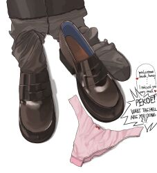 Rule 34 | black shoes, black socks, commentary, english commentary, english text, girls und panzer, highres, loafers, no humans, orange pekoe (girls und panzer), panties, pink panties, pokoooo (fartsonist), shoes, socks, still life, underwear, unworn panties, unworn shoes, unworn socks