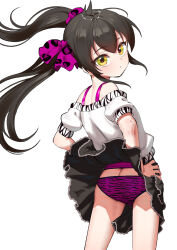 1girl animal_print ass ass_peek bare_shoulders black_hair blush butt_crack cowlick from_behind gyaru hair_between_eyes hair_ribbon hands_on_own_hips highres idolmaster idolmaster_cinderella_girls leopard_print long_hair looking_at_viewer looking_back matoba_risa open_mouth panties pettan_p print_panties print_ribbon ribbon shirt simple_background skirt solo standing tiger_print twintails underwear white_background wind wind_lift yellow_eyes