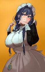 Rule 34 | 1girl, apron, black dress, black hair, blue eyes, braid, breasts, dress, hair intakes, hair ribbon, hat, heart, heart hands, highres, hololive, hololive english, large breasts, low twin braids, maid, maid apron, mob cap, official alternate costume, official alternate hairstyle, orange background, ouro kronii, ouro kronii (maid), pocket watch, ribbon, simple background, solo, twin braids, victorian maid, virtual youtuber, watch, white apron, white ribbon, yodokogon
