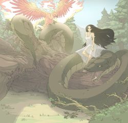 1girl absurdres animal bad_deviantart_id bad_id barefoot bird black_hair brown_eyes dress forest halterneck highres long_hair nature original orz_(orz57) oversized_animal phoenix smile snake tree_stump very_long_hair white_dress