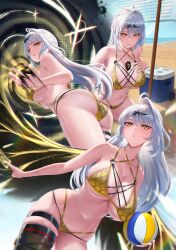1girl absurdres ahoge alternate_costume ass ball bare_shoulders beach beachball bikini breasts cleavage closed_mouth collarbone commentary cruzvu english_commentary english_text gold_bikini hair_ornament hand_on_own_chest hand_up highres holding holding_ball holding_beachball huge_breasts kuji-in long_hair looking_at_viewer mole mole_on_breast multiple_girls multiple_views navel orb paid_reward_available parted_lips single_hair_intake skindentation smile solo solo_focus stomach swimsuit textless_version thighs white_hair yellow_eyes yi_xuan_(zenless_zone_zero) zenless_zone_zero