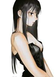 Rule 34 | 1girl, arms at sides, bare arms, bare shoulders, black dress, black eyes, black hair, breasts, cleavage, closed mouth, dress, expressionless, from side, hair behind ear, highres, long sidelocks, looking ahead, medium breasts, o0hiruko0o, osaragi (sakamoto days), profile, sakamoto days, sidelocks, simple background, solo, straight hair, strapless, strapless dress, upper body, white background