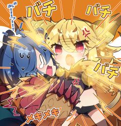 0_0 2girls absurdres anger_vein animal_ears arzuros bear_ears black_shorts blonde_hair blue_hair blush commentary_request emphasis_lines fang hair_between_eyes highres long_hair milkpanda monster_hunter_(series) multiple_girls navel open_mouth orange_background personification rajang red_eyes short_shorts shorts shouting skin_fang thick_eyebrows translation_request v-shaped_eyebrows