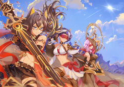 5girls absurdres babel_(genshin_impact) bare_shoulders beacon_of_the_reed_sea_(genshin_impact) black_hair blindfold blue_eyes blue_hair blue_sky breasts celtreny commentary covered_eyes dehya_(genshin_impact) detached_sleeves english_commentary eremite_(faction) eremite_floral_ring-dancer_(genshin_impact) eremite_galehunter_(genshin_impact) eremite_scorching_loremaster_(genshin_impact) genshin_impact gloves green_hair highres holding holding_sword holding_weapon jeht_(genshin_impact) multiple_girls navel pink_hair red_blindfold red_sash sash simple_background sky sword weapon