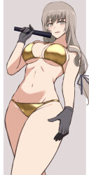 1girl bikini blush breasts brown_eyes brown_hair folded_fan folding_fan girls_und_panzer gloves gold_bikini hand_fan highres holding large_breasts long_hair looking_at_viewer mature_female mayomaru1 navel shimada_chiyo simple_background solo standing swimsuit