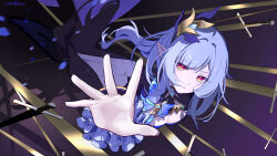 1girl absurdres ai_dongdong blue_hair breasts cape cleavage elysia_(honkai_impact) elysia_(miss_pink_elf)_(honkai_impact) hair_ornament herrscher_of_corruption highres honkai_(series) honkai_impact_3rd large_breasts long_hair looking_at_viewer missing_commentary multiple_swords orange_eyes parted_lips reaching reaching_towards_viewer solo