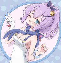 1girl animal_ear_hood azur_lane blush bow bracelet breasts camisole cleavage commentary_request cross_hair_ornament crown dvomil fake_animal_ears fingernails gloves hair_bow hair_ornament high_ponytail highres hood hood_down javelin_(azur_lane) jewelry medium_breasts medium_hair mini_crown one_eye_closed open_mouth polka_dot polka_dot_background ponytail purple_bow purple_eyes purple_hair simple_background single_glove smile solo tilted_headwear v white_camisole wide_ponytail