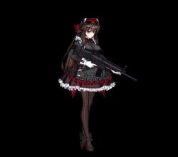 1girl ^_^ adjusting_clothes adjusting_headwear animated animated_gif arm_pouch assault_rifle back_bow black_bow black_rose_(counter:side) black_shoes blue_eyes bouncing_breasts bow breasts brown_hair cardiogram center_frills closed_eyes commentary counter:side english_commentary eyewear_on_head floating_hair fn_scar_16 footwear_bow frilled_skirt frills full_body gloves gun hair_between_eyes hair_bow head-mounted_display high_heels holding holding_gun holding_weapon juliet_sleeves large_breasts long_hair long_sleeves looking_ahead looping_animation maid neck_ribbon official_art pantyhose parted_lips petticoat pouch puffy_sleeves red_bow red_ribbon ribbon rifle shoes simple_background skirt skirt_hold solo standing strappy_heels tactical_maid transparent_background trigger_discipline unconventional_maid underbust very_long_hair weapon white_gloves