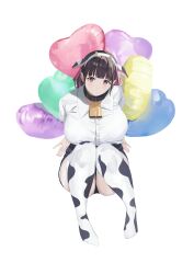 1girl absurdres animal_ear_hairband animal_ears animal_print balloon bell black_collar black_hair black_shorts borrowed_character breasts closed_mouth collar collared_shirt commentary cow_ear_hairband cow_ears cow_girl cow_horns cow_print cow_print_thighhighs cowbell denim denim_shorts dot_mouth dress_shirt fake_animal_ears fake_horns full_body futao_miruku_(riki) hair_ribbon hairband hands_on_floor heart_balloon highres horn_hairband horns invisible_floor knees_up large_breasts long_hair looking_at_viewer neck_bell no_shoes original pink_eyes pink_ribbon print_thighhighs ribbon shirt shirt_tucked_in short_shorts short_sleeves shorts sidelocks simple_background sitting solo thighhighs tnr_(horiko1525) twintails white_background white_hairband white_shirt