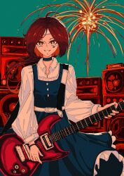 1girl absurdres ahoge aqua_background artdroiiid_ii belt belt_buckle blue_choker blue_dress bright_pupils buckle choker collared_shirt colorful commentary cowboy_shot dress dress_shirt english_commentary eyelashes fireworks floating_hair frilled_dress frills grin guitar hairband highres holding holding_guitar holding_instrument instrument long_sleeves looking_at_viewer orange_eyes original pinafore_dress red_hair shirt short_hair_with_long_locks simple_background sleeveless sleeveless_dress smile solo speaker standing variant_set white_belt white_hairband white_pupils white_shirt wristband