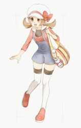 Rule 34 | 1girl, :d, asuka rkgk, bow, brown eyes, brown hair, creatures (company), full body, game freak, hand up, happy, hat, hat bow, highres, holding strap, knees, long hair, lyra (pokemon), nintendo, open mouth, overalls, pokegear, pokemon, pokemon hgss, red bow, red shirt, red shoes, shirt, shoes, smile, solo, standing, thighhighs, twintails, white background, white hat, white thighhighs, yellow bag