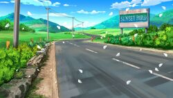 atmospheric_perspective blue_sky bush cloud cloudy_sky day dirt_road english_text falling_petals highres mountainous_horizon no_humans non-web_source official_art our_life:_beginnings_and_always outdoors petals power_lines road rock scenery sign sky