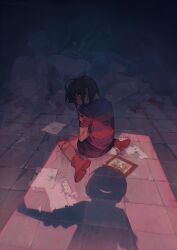 1other absurdres androgynous ankle_boots black_shorts blood blood_on_face blood_on_ground blood_on_leg blue_shirt boots brown_hair chara_(undertale) child chinese_commentary corpse crack crack_of_light cracked_floor cracked_glass cuts dual_persona evil_smile frisk_(undertale) from_above full_body glass_shards glowing glowing_eye grey_socks hand_on_own_shoulder highres indoors injury kneehighs lazy_kun looking_at_viewer looking_back on_floor painting_(object) paper papyrus_(undertale) parted_lips pile_of_corpses red_footwear sans_(undertale) shadow shards shirt short_hair short_sleeves shorts sitting smile socks solo_focus tears tile_floor tiles toriel torn torn_paper undertale wariza yellow_eyes