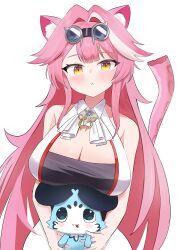 1girl :&lt; a-tamin absurdres animal_ears ascot bare_shoulders black_tube_top blue_gemstone blush breasts chattino_(raora_panthera) cleavage closed_mouth collared_shirt colored_inner_hair commentary gem goggles goggles_on_head hair_intakes highres hololive hololive_english huge_breasts jewelry long_hair looking_at_viewer multicolored_hair panther_ears panther_girl panther_tail pink_hair raora_panthera raora_panthera_(1st_costume) shirt simple_background sleeveless sleeveless_shirt strapless streaked_hair tail tube_top two-tone_hair virtual_youtuber white_ascot white_background white_shirt yellow_eyes